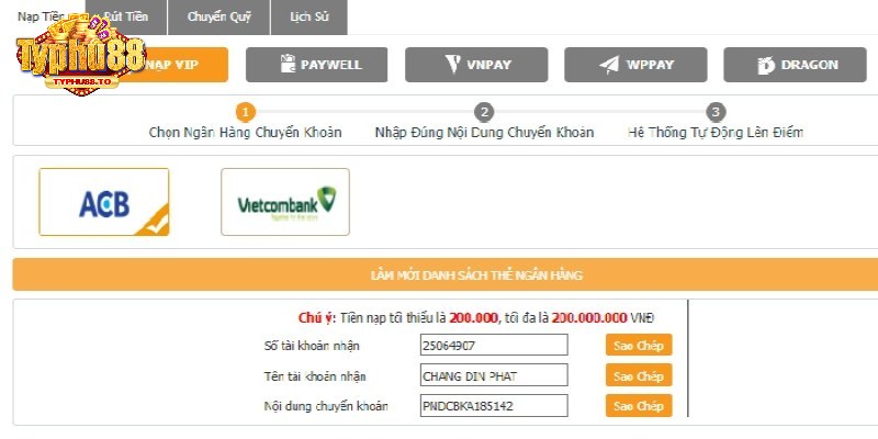 Điều kiện nạp tiền tại sân chơi Typhu88 