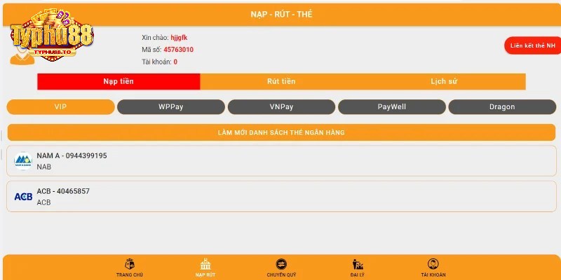 Nạp tiền vào tài khoản Typhu88 qua giao dịch chuyển khoản